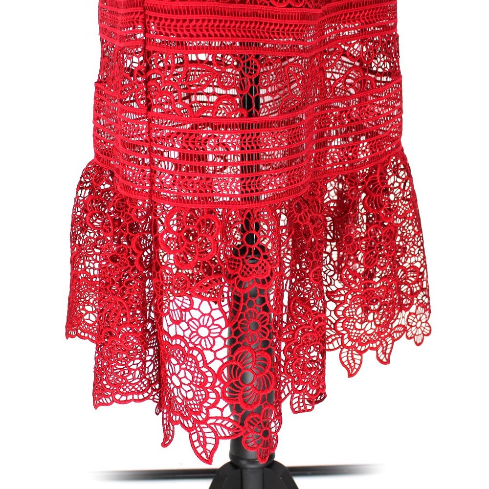 Self-Portrait Raspberry Red Floral Lace Midi Dress Ruffle Sleeveless 4 Small - Picture 4 of 9
